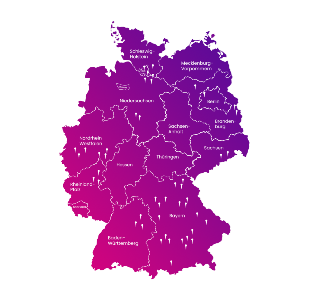 Case Studies Karte: Standorte von Tivaos Kundenprojekten in Deutschland